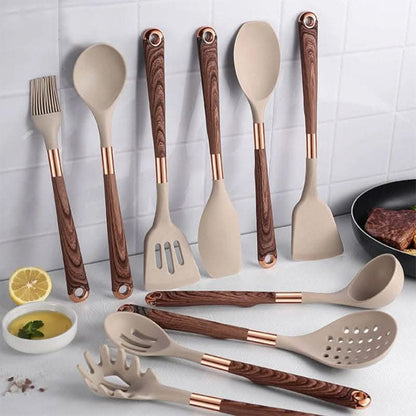 Küchenhelfer Set 10-teilig Silikon Hitzebeständig mit Holzgriffen-1