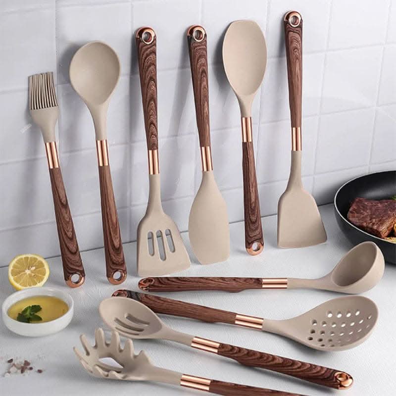 Küchenhelfer Set 10-teilig Silikon Hitzebeständig mit Holzgriffen-2